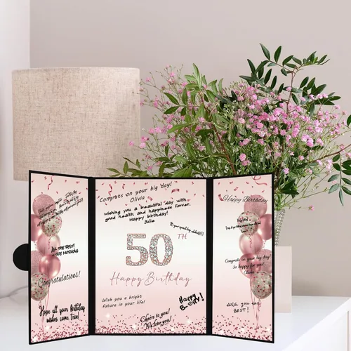 Vista 6 de DARUNAXY Decoraciones de fiesta de 50 cumpleaños en oro rosa para mujeres, libro de firmas alternativo de feliz 50 cumpleaños, tarjeta de firma