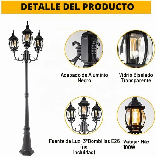 Vista 2 de LUTEC Lámpara de poste LED para exteriores con triple cabezal, luces de calle vintage cableadas para césped, patio, camino, jardín, poste de luz