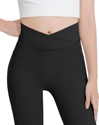 Vista 5 de HASMES Leggings acampanados para niñas con bolsillos, parte inferior acampanada, cintura alta, pantalones de yoga para danza, ropa deportiva