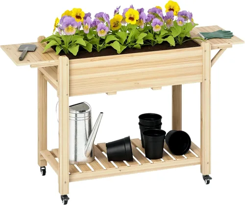 Vista 20 de Outsunny - Jardinera elevada de madera con estante de almacenamiento, orificios de drenaje y forro para el patio trasero, la terraza, el balcón, 47