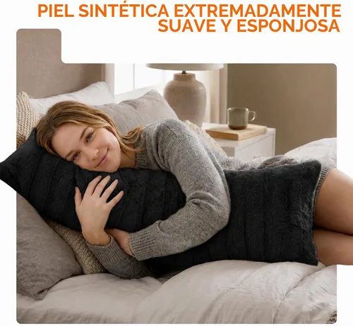 Vista 2 de Cheer Collection Almohada Larga de Pelo Sintético - Almohada Decorativa para Cama y Sofá - Almohada Lumbar Decorativa con Relleno, Negra