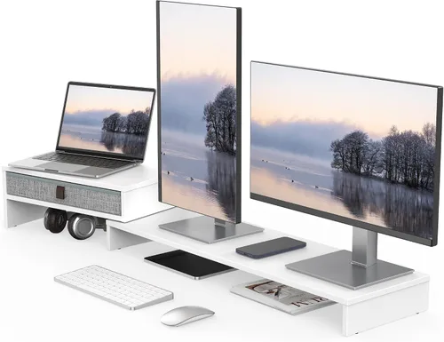 Vista 11 de Fenge - Soporte elevador para monitor de computadora con cajón para 2 o 3 monitores, soporte de escritorio ajustable en longitud y ángulo para Negro