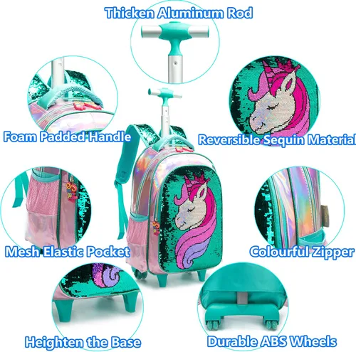 Vista 4 de Rolling Backpack for Girls Kids Luggage Wheels Laptop Suitcase for Elementary Students
