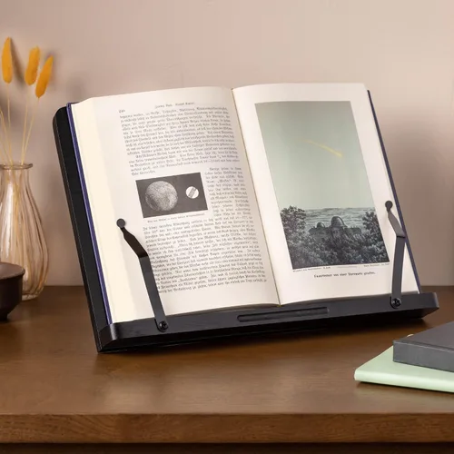 Vista 2 de Navaris Soporte para libros de bambú – Manos libres Receta de lectura libro de cocina soporte para tabletas con 2 soportes de metal ajustables