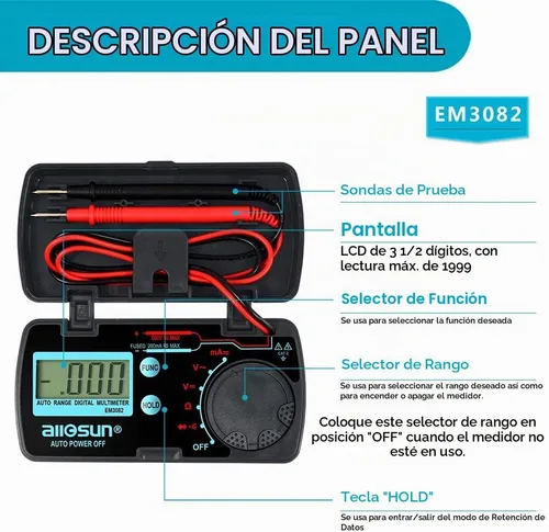 Vista 2 de allsun Mini rango automático plegable multímetro digital probador automotriz AC DC Volt AMP Ohm LCD Voltímetro de viaje Amperímetro probador