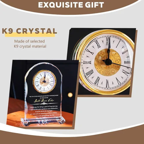 Vista 5 de Reloj de Cristal Significativo para Jubilación, Regalos para Mujeres y Hombres, Mejor Jefe de Todos, Feliz Reloj de Jubilación Placa de Regalo