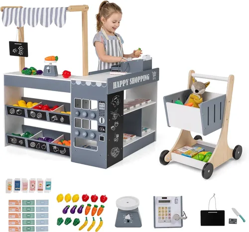 Vista 14 de Costzon Juego de simulación para tienda de comestibles, tienda de juegos de madera, juego de supermercado para niños pequeños con caja registradora