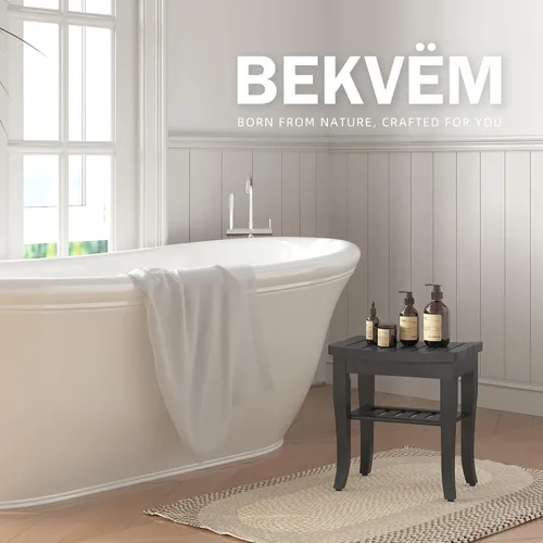 Vista 3 de Banco de ducha de bambú, taburete de ducha pequeño de spa para ducha interior, impermeable, asiento de baño con estante de almacenamiento para Negro