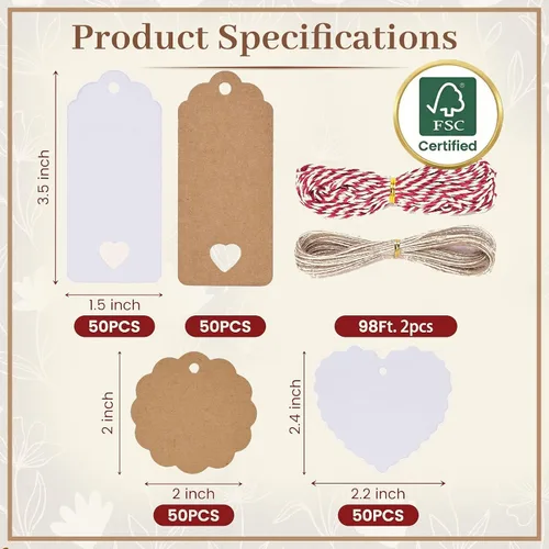 Vista 6 de SallyFashion Paquete de 200 etiquetas de regalo con cuerda adjunta, 3 diseños diferentes, etiquetas en blanco y marrón, etiquetas de regalo