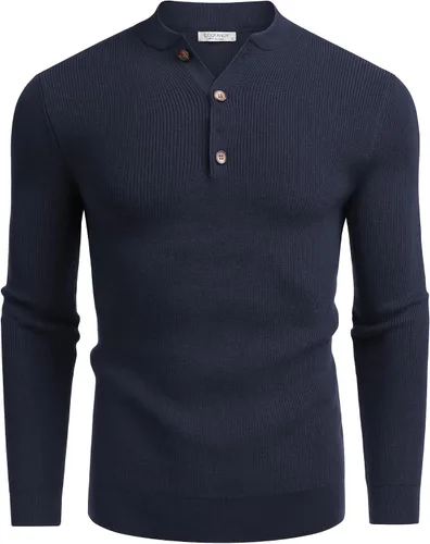 Vista 4 de COOFANDY Suéter de punto Henley para hombre, de manga larga, con botones, suéter casual