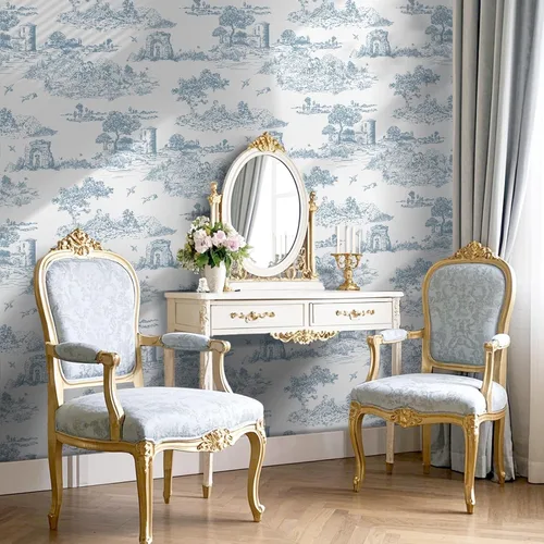 Vista 6 de WENMER Toile de Jouy - Papel de contacto Toile de Jouy, papel tapiz azul y blanco, papel adhesivo vintage de país francés para dormitorio, sala