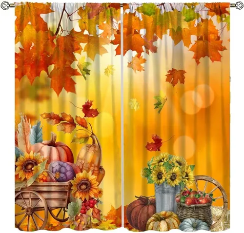 Vista 14 de Cortinas de calabaza enana de otoño, decoración del hogar de Acción de Gracias en otoño, patrón de hojas de arce y girasol, 42 pulgadas de ancho x