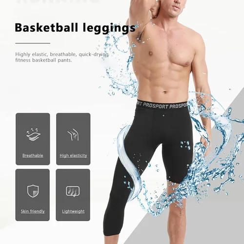 Vista 42 de Pantalones de compresión para hombre, mallas de compresión de una pierna para baloncesto, capri 3/4, leggings atléticos, capa base de secado fresco