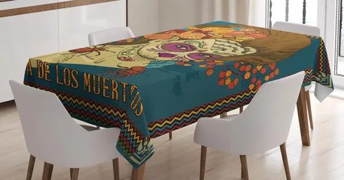 Vista 4 de Ambesonne Mantel del Día de los Muertos, Dia de Los Muertos, estampado de niña con corazones de rosas, mantel rectangular para decoración de comedor
