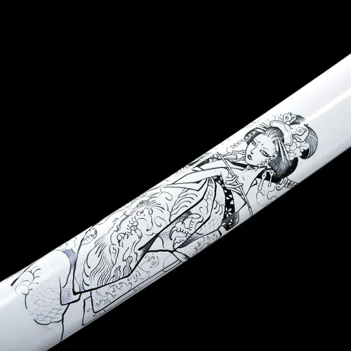 Vista 4 de Espada katana blanca de 40 pulgadas, espadas japonesas afiladas, espada de espiga completa para exhibición, hoja de acero al carbono