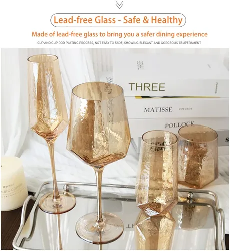 Vista 7 de Copas de vino ámbar vintage, juego de 2 copas de vino de tallo largo, copas de champán, copas de copa sin plomo, elegantes copas de vino ideales