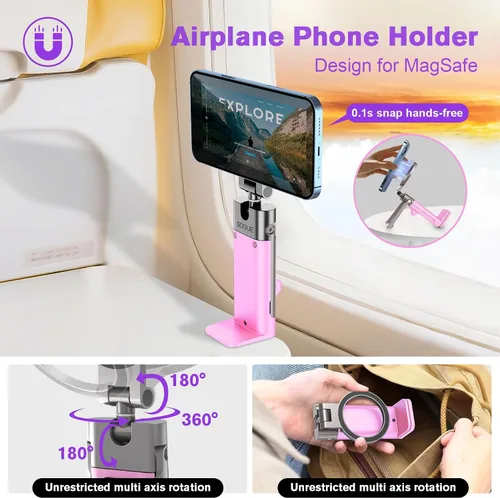 Vista 2 de Soporte de teléfono para avión, artículos esenciales de viaje para mujeres, soporte magnético para teléfono para MagSafe, imán fuerte N55, giratorio