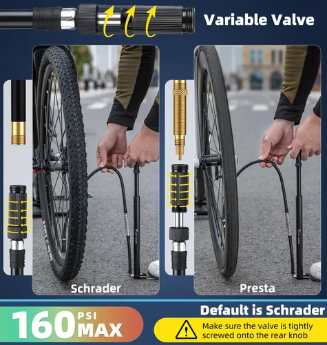 Vista 5 de Mini bomba de bicicleta portátil para bicicleta, bomba de bicicleta de aleación de aluminio de 160 PSI, se adapta a válvulas Presta y Schrader