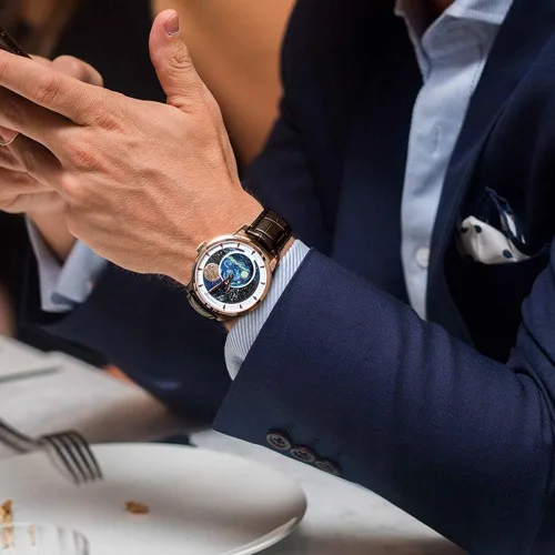 Vista 6 de AGELOCER Top Brand Blue Moon Phase Automático Mecánico Masculino Moda Lujo Muñeca Cuero Casual Reloj de Vestir