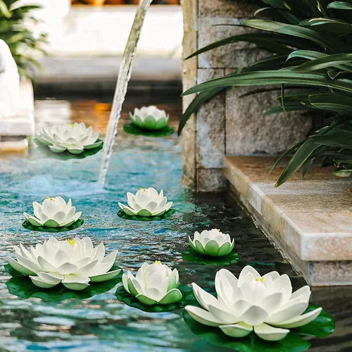 Vista 5 de 16 flores flotantes artificiales para piscina, 7 y 4 pulgadas, almohadillas de lirio de agua falsas, flores de loto, decoraciones flotantes