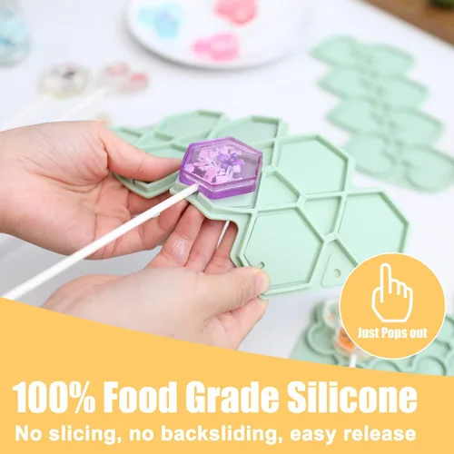 Vista 5 de QELEG 2 moldes de silicona con 100 palitos de papel, moldes redondos para piruletas de chocolate, ideales para caramelos duros, cake pop, cubo