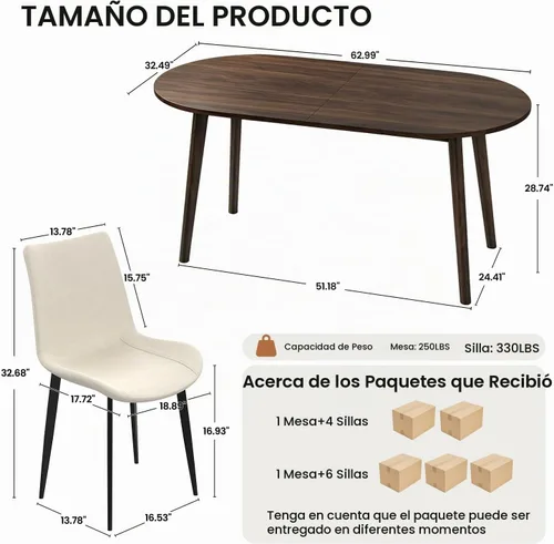 Vista 3 de Juego de mesa de comedor ovalada de 63 pulgadas para 4 personas con patas de madera maciza 5 Piece Walnut Dining Table Set for Kitchen and Dining
