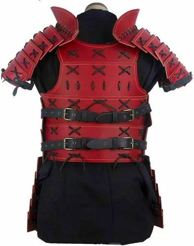 Vista 3 de Armadura de Samurai de cuero medieval rojo y negro, estándar