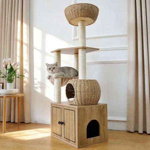 Vista 2 de Árbol de ratán de 56.7 pulgadas de alto para gatos de interior, torre de madera para gatos de varios niveles con postes rascadores, muebles