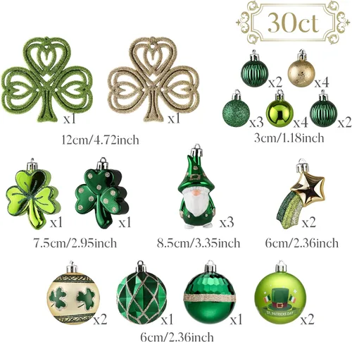 Vista 3 de Valery Madelyn Decoraciones del día de San Patricio, adorno de árbol de trébol, 30 piezas de esferas colgantes, decoración de gnomo para festival