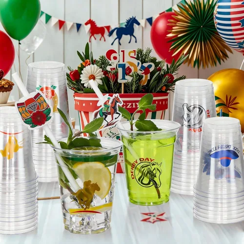 Vista 6 de MUOUAKATE Copas Derby desechables de plástico a granel, paquete de 100 vasos de 12 onzas Derby Clear Julep con pajitas de plástico y tarjetas