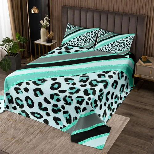 Vista 6 de Juego de colcha con lazo para niños, tamaño individual, diseño de cebra y leopardo con purpurina, decoración de habitación para niñas y mujeres