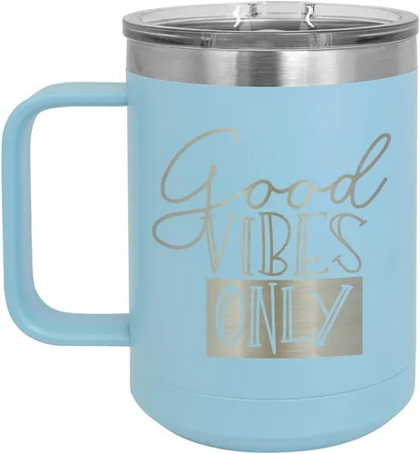 Vista 6 de Good VIBES SOLO Taza de café de 15 oz con tapa superior deslizante Taza de café de viaje aislado Ideas de regalo de cumpleaños o Navidad de Negro