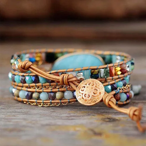 Vista 3 de ZOSOJONA Pulsera envolvente para mujer, estilo bohemio, con cuentas de cristal de jaspe natural, Cuero, Ágata