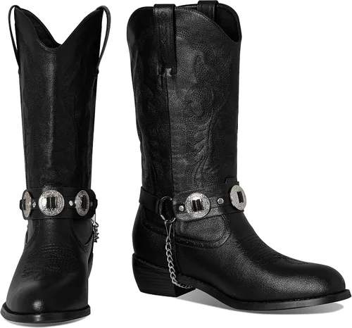Vista 6 de Botas vaqueras para hombre, botas de tacón grueso bloqueado con correa Chonco cosidas, botas occidentales cerradas, punta redonda, botas bordadas a