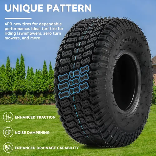 Vista 2 de YITAMOTOR Neumáticos para cortacésped de 15 x 6.00-6 (juego de 2), neumático de césped de tractor sin cámara de 4 capas, neumáticos de cortacésped