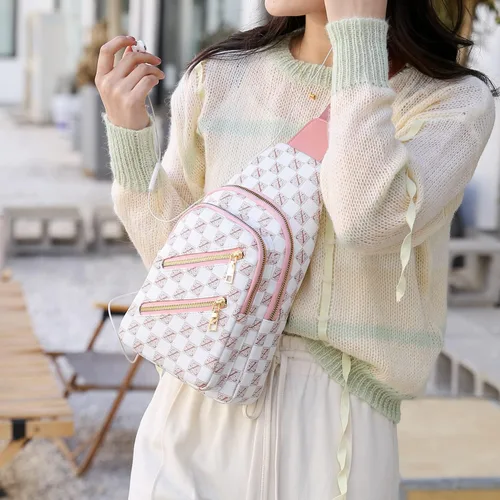 Vista 4 de Mochila tipo bandolera para mujer, bolsa de pecho, mochila cruzada (B-rosa), Rosado, Moda