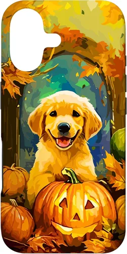 Vista 32 de Cute Golden Retriever Fall Pumpkin Autumn Leaves Halloween Case for iPhone 16