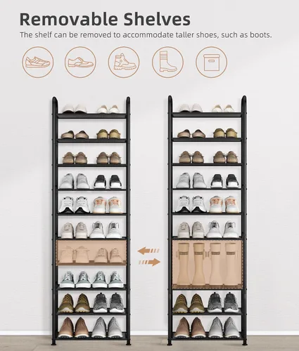 Vista 3 de STORAGE MANIAC Zapatero alto de 10 niveles, 20 pares de estantes estrechos y delgados, soporte de zapatos con marco de metal para espacios pequeños