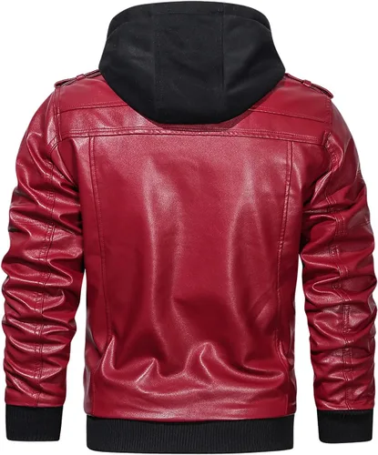 Vista 3 de Hood Crew - Chaqueta bomber para hombre, casual, con cuello alto, cazadora de moto, de piel sintética de poliuretano, con cremallera y capucha