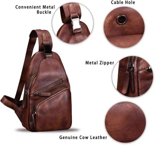 Vista 6 de IVTG Bolso bandolera de cuero genuino para hombres y mujeres, mochila de hombro hecha a mano cruzada para motocicleta
