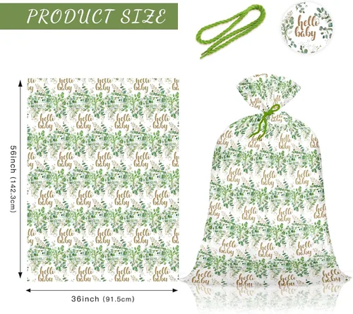 Vista 2 de WRAPAHOLIC Bolsa de regalo de plástico neutro extra grande de 56 pulgadas para bebé, hojas de eucalipto, bolsa de bicicleta jumbo para regalos