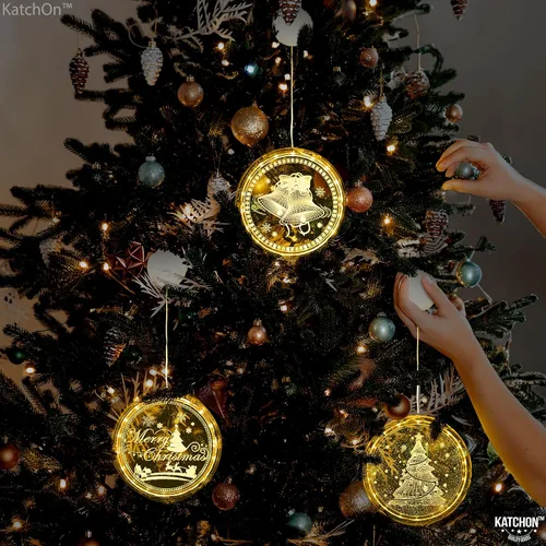 Vista 4 de KatchOn, Decoraciones navideñas iluminadas para ventanas de interiores, paquete de 3 unidades, Papá Noel, renos y árbol de Navidad para decoración