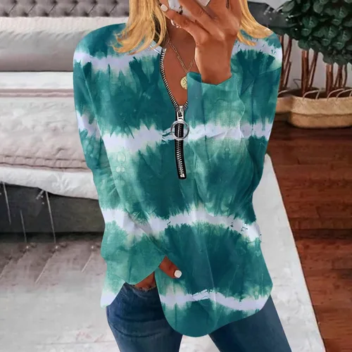 Vista 2 de Sudadera de manga larga estampada con cremallera 34 para mujer, casual, moderna, atlética, ajuste holgado, blusa
