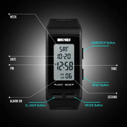 Vista 6 de Reloj digital deportivo rectangular negro para hombre, impermeable, pantalla LED, gran cara, militar, luminoso, cronómetro, alarma, militar, reloj