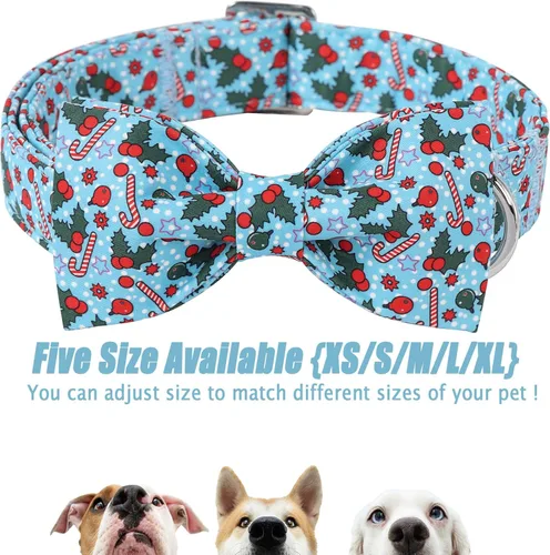Vista 7 de Collar de Navidad para Perro con Pajarita - Lindo Collar de Cachorro Azul con Patrón Navideño de Cereza y Caramelo, Hebilla de Metal Ajustable