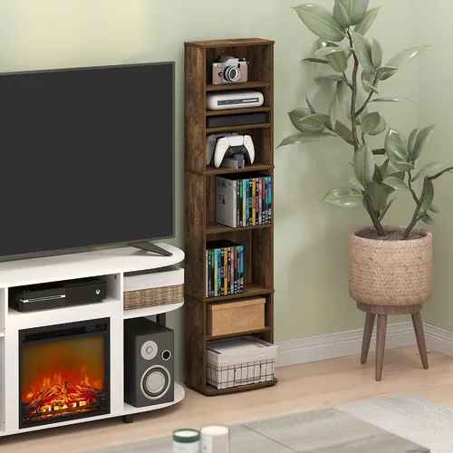 Vista 10 de Furinno Jaya - Estante de DVD estrecho de 8 niveles de alto, estante multimedia con estantes ajustables, armarios de almacenamiento de DVD para CD