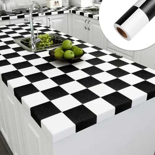 Vista 9 de Yenhome Papel tapiz a cuadros en blanco y negro para despegar y pegar a mediados de centro, moderno papel de contacto blanco y negro para armarios