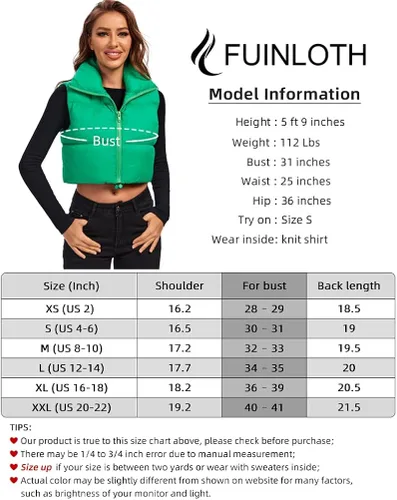 Vista 6 de Fuinloth Chaleco acolchado para mujer, cuello alto y ligero, con cremallera