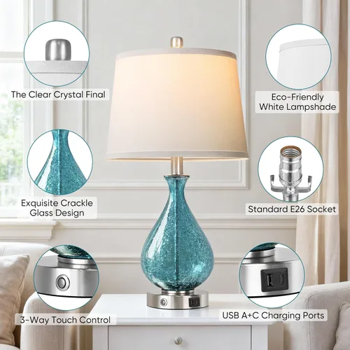 Vista 4 de QiMH Juego de 2 lámparas de mesa de cristal para sala de estar y dormitorio, luz LED de 22.5 pulgadas con control táctil, azul de 3 vías regulables