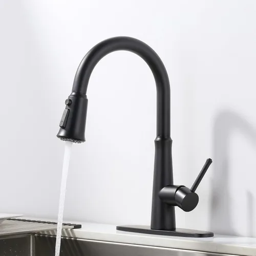 Vista 5 de WOWOW Grifos de cocina negro mate con rociador extraíble, grifo de fregadero de cocina de acero inoxidable para fregaderos de 1 o 3 agujeros, grifo